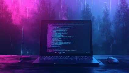 Laptop displaying code in a mystical forest setting.