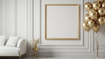 Gold balloons & blank frame in elegant room. (1)