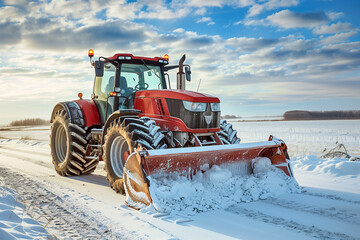  Red tractor with snow plow performing winter road maintenance in scenic rural landscape