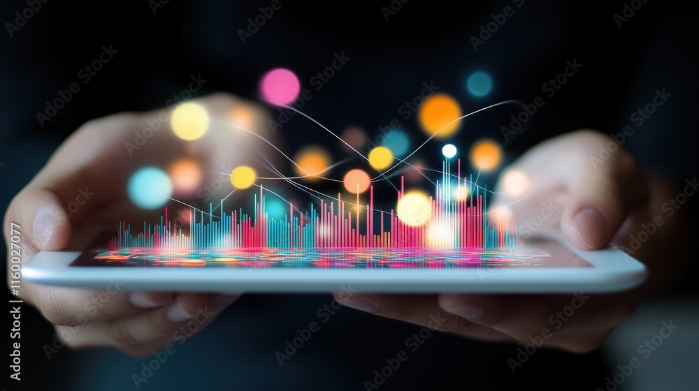 Poster close-up of hands on a tablet with a financial dashboard displayed