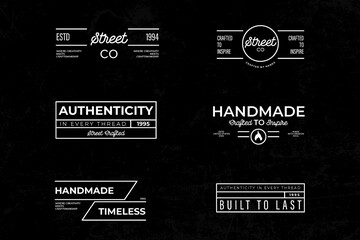 A collection of vintage-style badges with handcrafted fonts emphasizing quality, authenticity, and craftsmanship, suitable for branding or decorative use