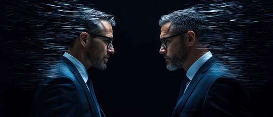 Business corporation competition. Two men in suits face each other, surrounded by a dark, water-like ambiance.