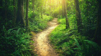 Obraz premium Sunlit path winding through lush green rainforest.