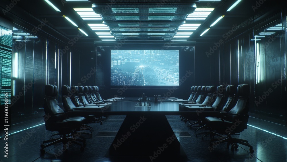 Poster futuristic conference room with large screen displaying city view.