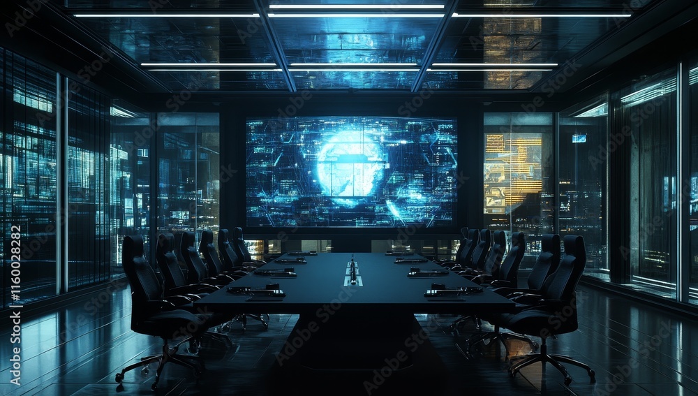 Poster Futuristic meeting room with large screen displaying data.