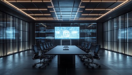Modern dark conference room with large screen displaying data.
