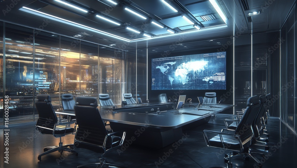Poster futuristic conference room with large screen displaying global data.