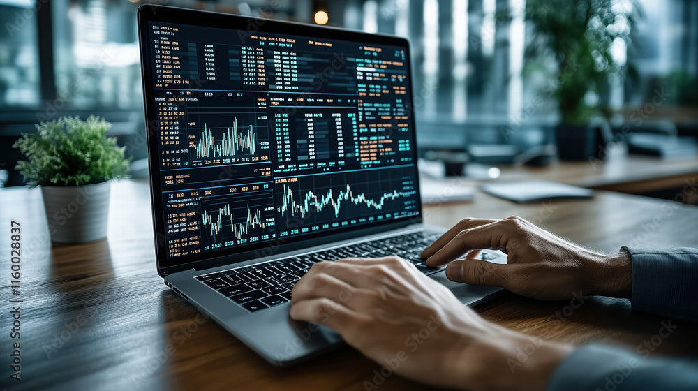 Aufkleber person analyzing financial data on laptop with graphs and charts generative ai
