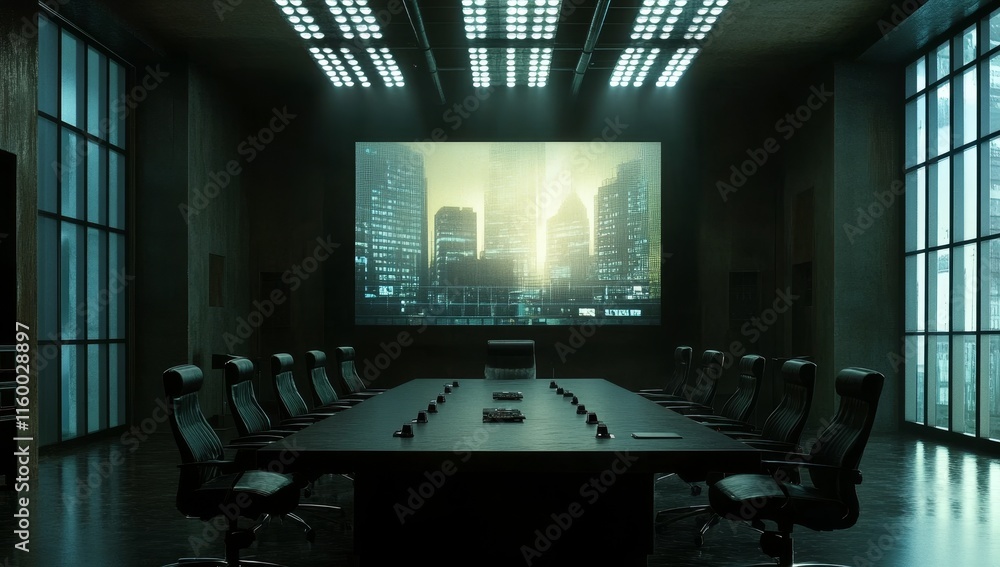 Poster Modern empty conference room with large screen displaying city skyline.