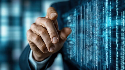 Hand pointing at digital data interface with binary code display Generative Ai
