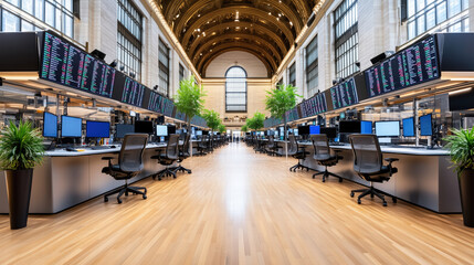 Modern trading floor with screens and plants in spacious environment Generative Ai
