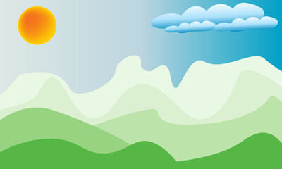 Vector illustration of landscape view of green mountains and sun with cloudy sky