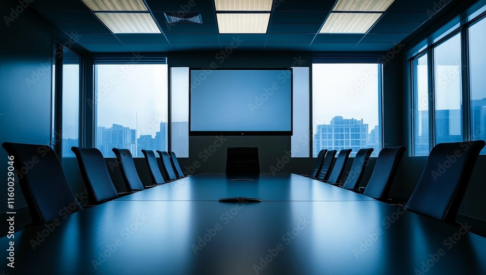Poster modern empty boardroom with large screen and city view.