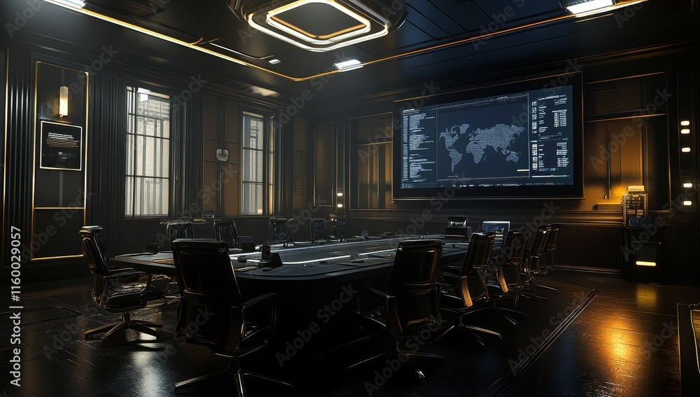 Poster dark luxury modern boardroom with large screen displaying world map and data.