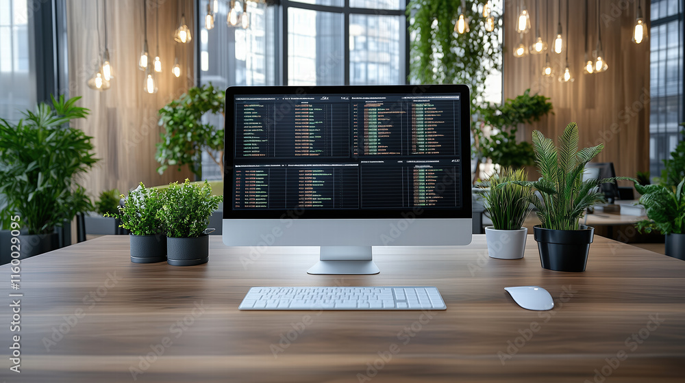 Aufkleber modern office workspace with computer and plants generative ai