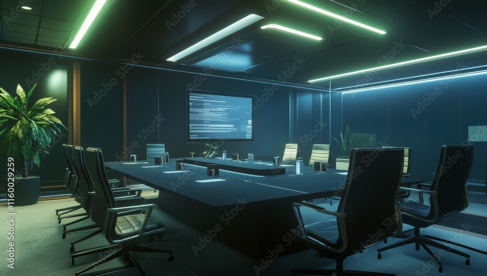 Poster futuristic, dimly lit conference room with long table and chairs, neon lighting, and large screen di