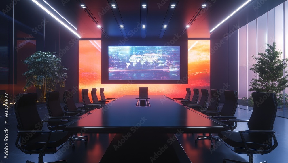 Poster Modern futuristic boardroom with large screen displaying world map, sunset view.