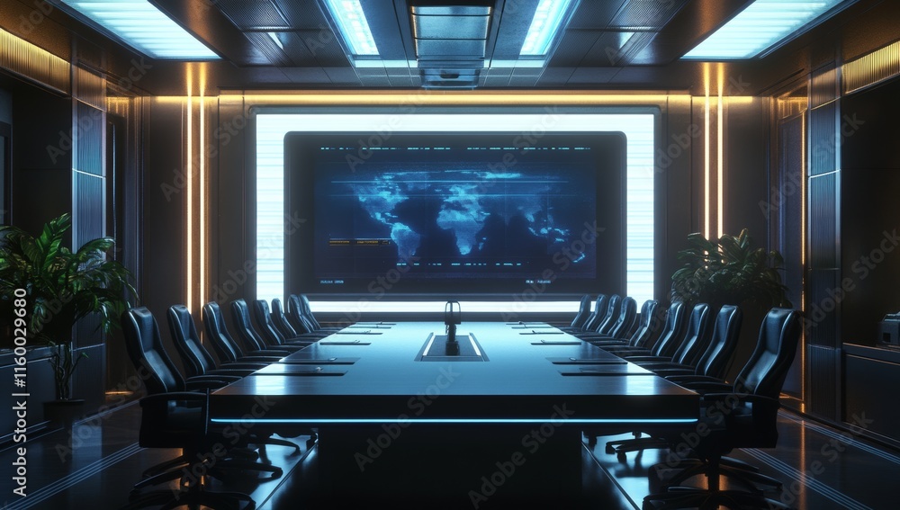 Poster Futuristic boardroom with large screen displaying world map.