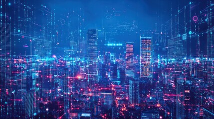 Futuristic cityscape with digital network overlay. (1)