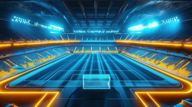 Futuristic Stadium with Neon Lights and Empty Seats