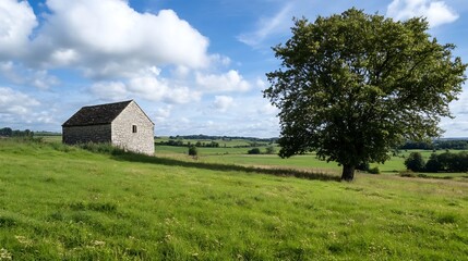 Obraz premium Charming Stone House with Tree in Open Green Fields Under Blue Sky : Generative AI
