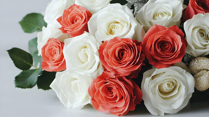 Beautiful bouquet of coral and white roses floral arrangement home decor indoor setting close-up romance and elegance