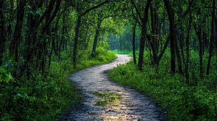 Fototapeta premium Winding path through lush green forest.