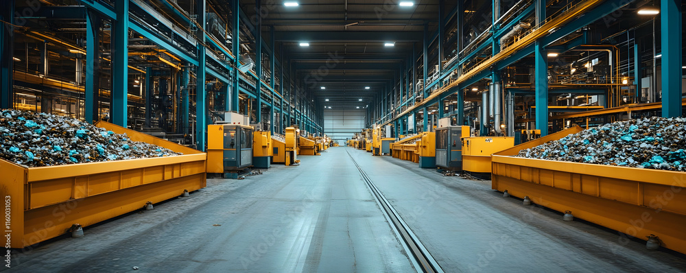 Poster industrial facility with large containers for sorting and processing materials.