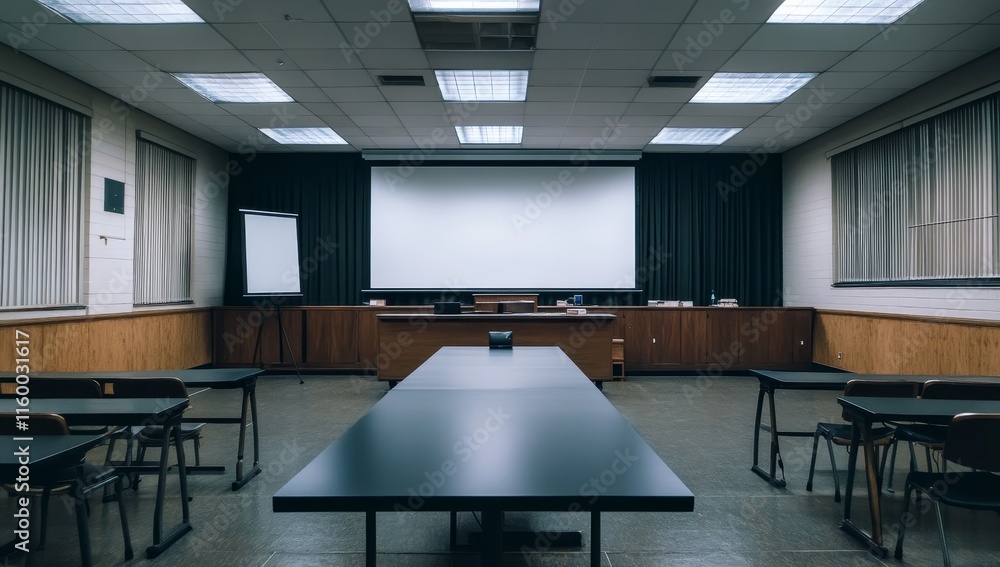 Aufkleber empty classroom with projector screen, tables, and chairs.