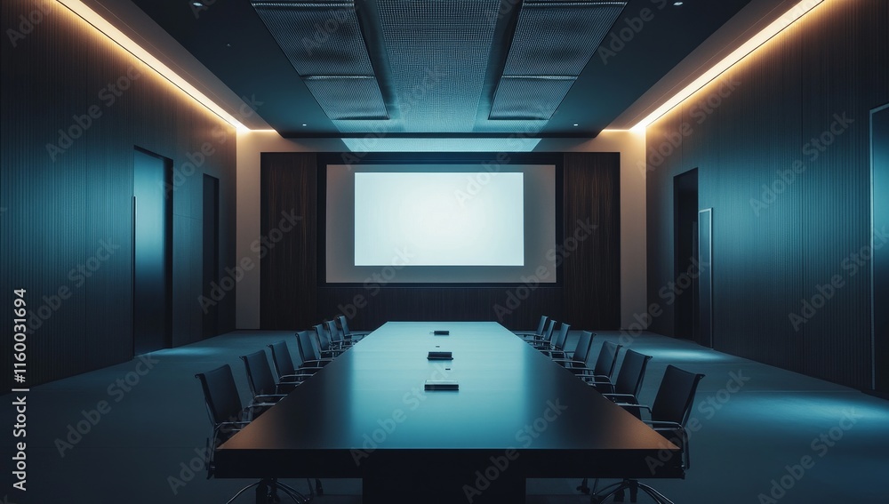 Poster modern empty conference room with large screen.