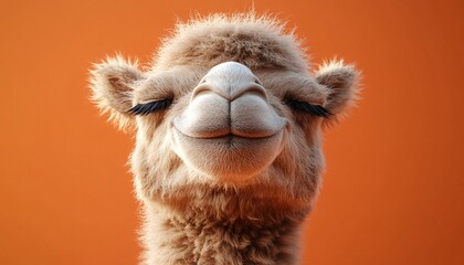 Fototapeta premium Close-Up Portrait of a Content Camel Smiling Against Orange Background
