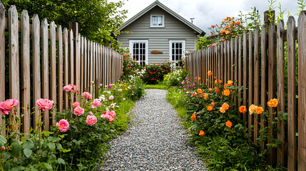Obraz premium Charming flower-laden pathway leading to a cozy house countryside photography natural setting ground level tranquility