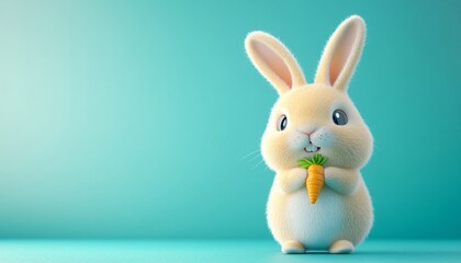 Cute Cartoon Rabbit with Carrot on Bright Teal Background