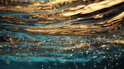 Elegant Gold Glitter Particles Flowing Underwater with Shallow Depth of Field, Creating a Magical Holiday Luxury Background with Festive Sparkles and Lights