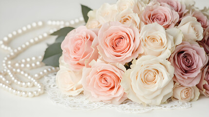 Obraz premium Elegant flower bouquet with pearls indoor setting floral arrangement soft lighting close-up view romance theme