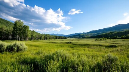 Obraz premium Lush Green Meadow with Majestic Mountains and Clear Blue Sky in Serene Countryside Landscape : Generative AI