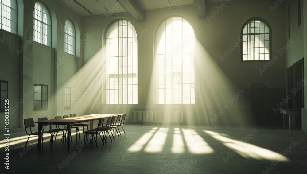 Poster sunbeams illuminate a large, empty room with a long table and chairs.