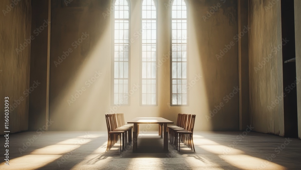 Poster sunbeams illuminate a long wooden table and chairs in a large, empty room with gothic windows.
