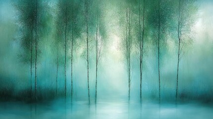 Enchanting teal forest scene with misty trees reflecting on calm water.