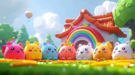 Naklejka premium Sunny morning in rainbow village, animals busy in golden wheat field.