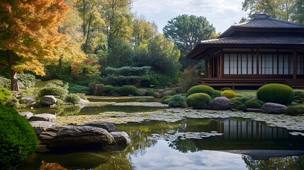 Tranquil Japanese Zen Garden with Traditional Wooden Architecture and Reflection Pond : Generative AI