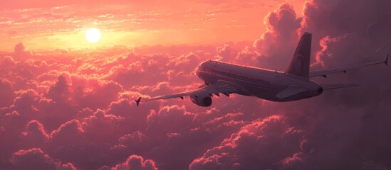 Airplane flying above pink sunset clouds.