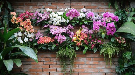 Colorful Orchids Adorn Brick Wall with Lush Greenery
