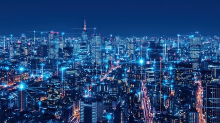 Fototapeta premium Night cityscape with glowing network connections.