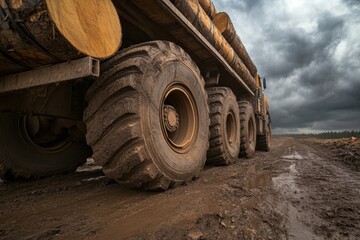 Massive Logging Truck Navigating a Muddy Forest Road
