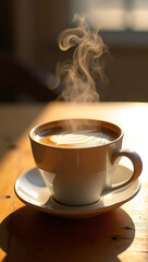 A steaming cup of coffee placed on a wooden table with morning sunlight.

