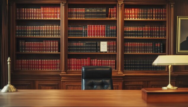 Classic wooden office desk with leather chair and bookshelves filled with law books.