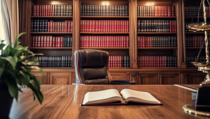Lawyer's office with bookshelves, desk, chair, and open book.