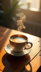 A steaming cup of coffee placed on a wooden table with morning sunlight.

