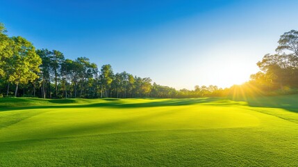 A serene golf course landscape, Pristine fairways stretching under the morning sun, Classic sporting style